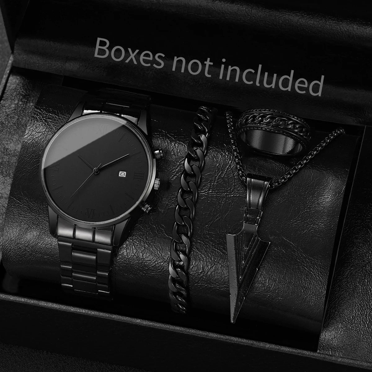 4PCS/Set Fashion Men Business Watches Simple Roma Dial Calendar Quartz Watch for Men Clock Jewelry Set Reloj Hombre(Without Box)