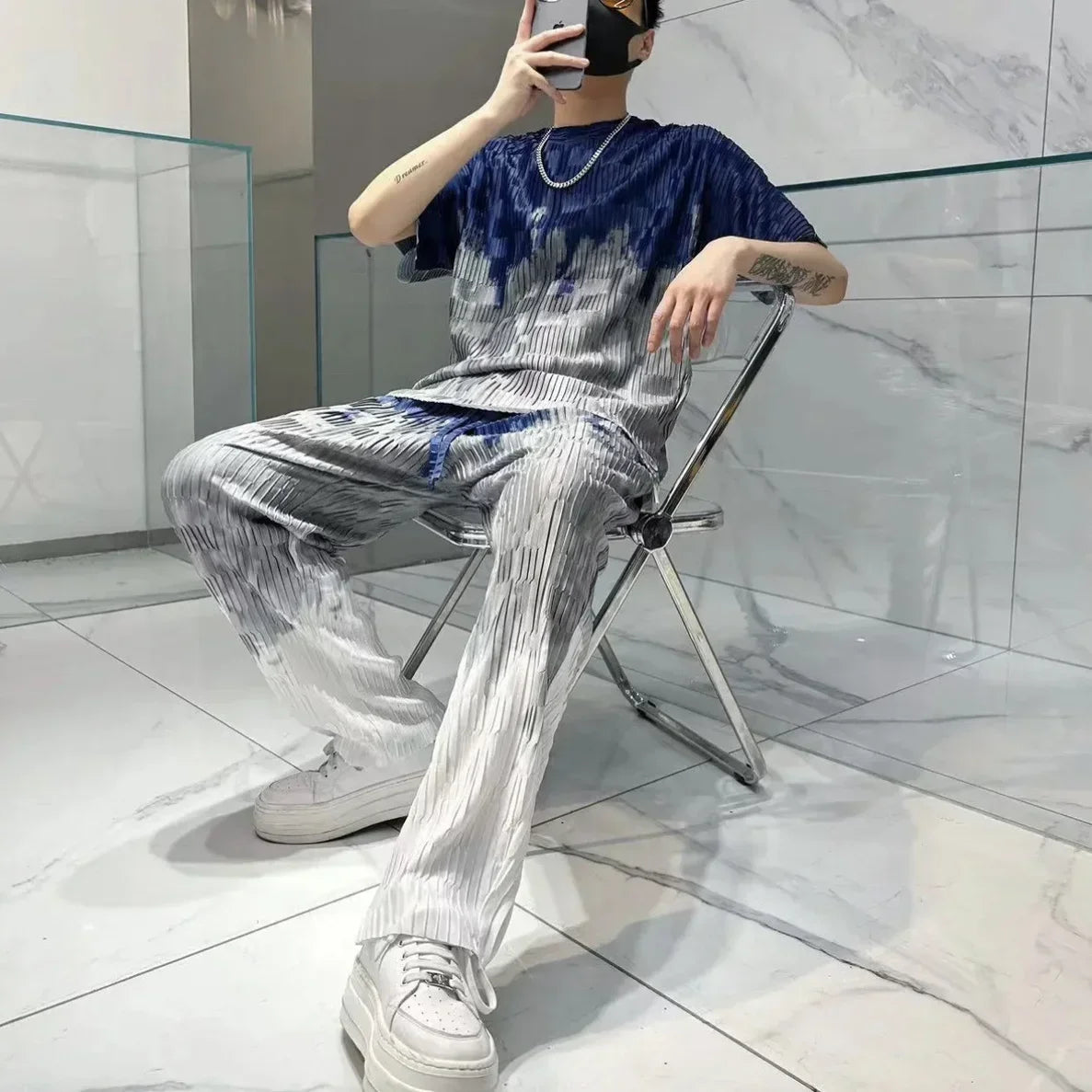 Print Workout Set T-shirts Pants Suits For Men Graphic Nylon Man Trousers Sets Slacks Two Piece Korean Style 2024 Trend S Cool