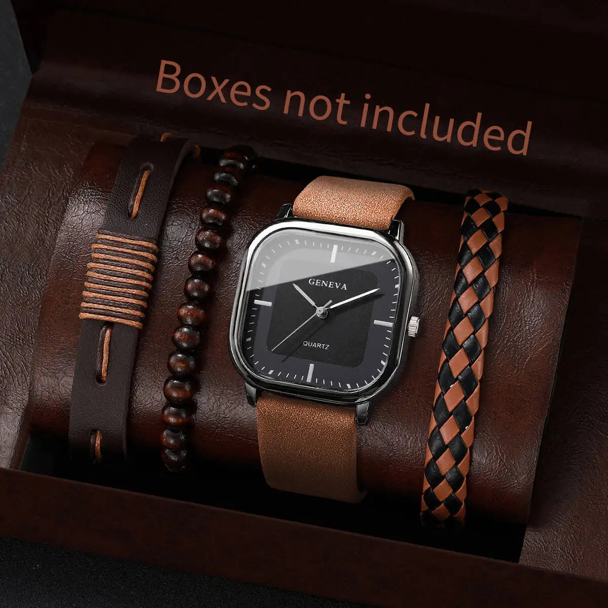 4/5PCS Fashion Square Men Watch Casual Leather Strap Quartz Watch Men Business Watches Bracelets Set Reloj Hombre(Without Box)