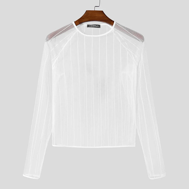 Party Nightclub Style Top: Men's See-through Thin Design T-shirts Sexy Leisure Male Hot Sale Long Sleeved Camiseta S-3XL