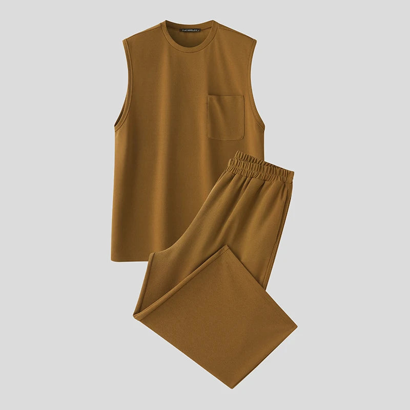 2025 Men Sets Solid Oversize O-neck Sleeveless Tank Tops & Pants Two Pieces Sets Streetwear Fashion Men's Suits Summer