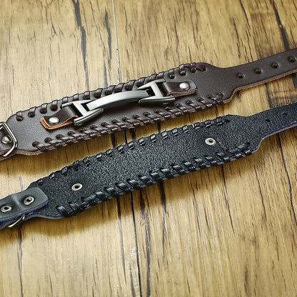 Vnox Wide Leather Wristband for Men Stylish Genuine Leather Bangle with Metal Charm Bracelets Punk Male Pulseira