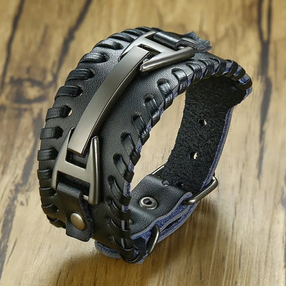 Vnox Wide Leather Wristband for Men Stylish Genuine Leather Bangle with Metal Charm Bracelets Punk Male Pulseira