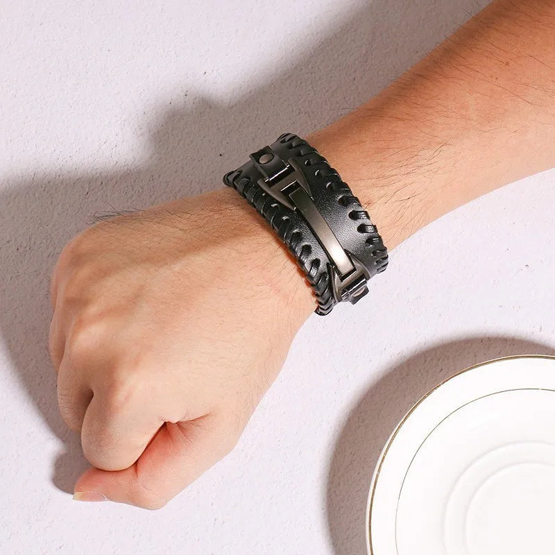 Vnox Wide Leather Wristband for Men Stylish Genuine Leather Bangle with Metal Charm Bracelets Punk Male Pulseira