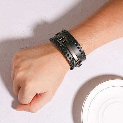 Vnox Wide Leather Wristband for Men Stylish Genuine Leather Bangle with Metal Charm Bracelets Punk Male Pulseira