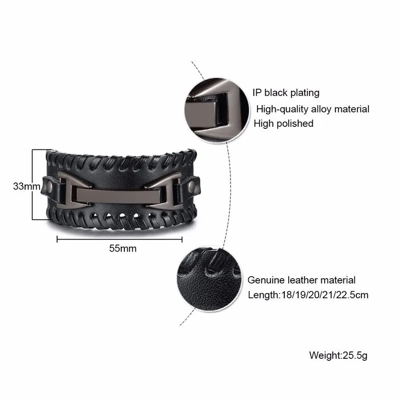 Vnox Wide Leather Wristband for Men Stylish Genuine Leather Bangle with Metal Charm Bracelets Punk Male Pulseira