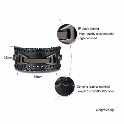 Vnox Wide Leather Wristband for Men Stylish Genuine Leather Bangle with Metal Charm Bracelets Punk Male Pulseira