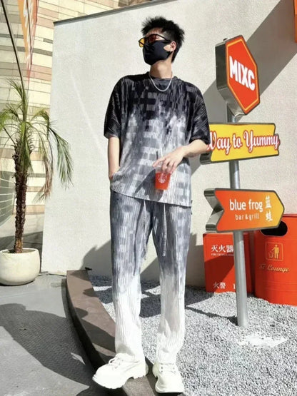 Print Workout Set T-shirts Pants Suits For Men Graphic Nylon Man Trousers Sets Slacks Two Piece Korean Style 2024 Trend S Cool