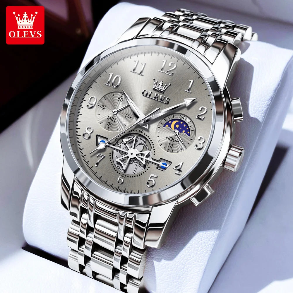 OLEVS brand2900 Men's Watches Stainless Steel Calendar Moon phase Watch Chronograph Big Dial Men's Wristwatches Original
