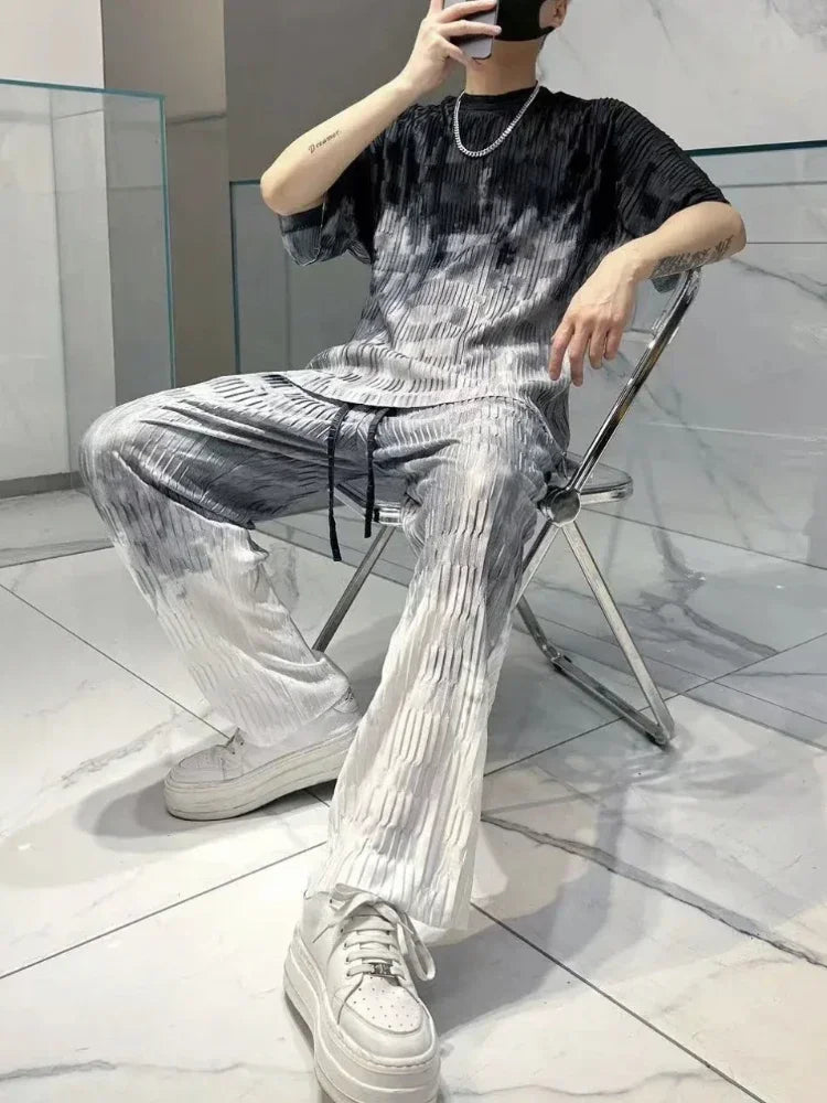 Print Workout Set T-shirts Pants Suits For Men Graphic Nylon Man Trousers Sets Slacks Two Piece Korean Style 2024 Trend S Cool