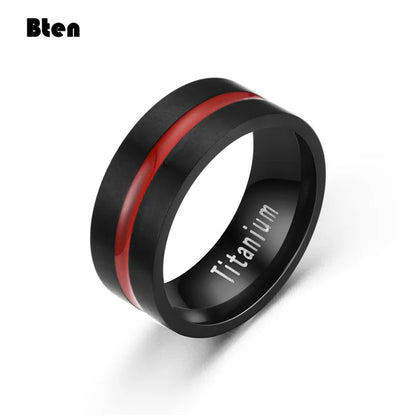 Bten Men's fashion 6/8MM Black Brushed Ladder Edge Stainless Steel Ring Red Groove Men Wedding Ring Gifts For Men