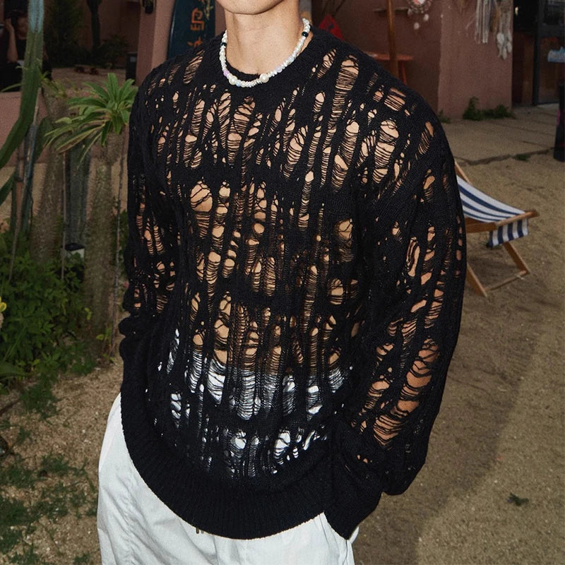 Sexy Hollow Out Mesh Knit T Shirts Men See Through Ripped Crew Neck Pullover Tops For Mens 2025 Spring Fashion Knitting T-shirt