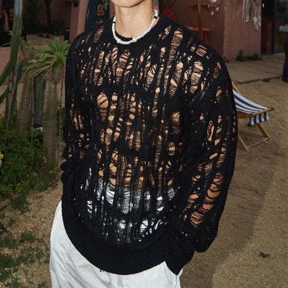 Sexy Hollow Out Mesh Knit T Shirts Men See Through Ripped Crew Neck Pullover Tops For Mens 2025 Spring Fashion Knitting T-shirt