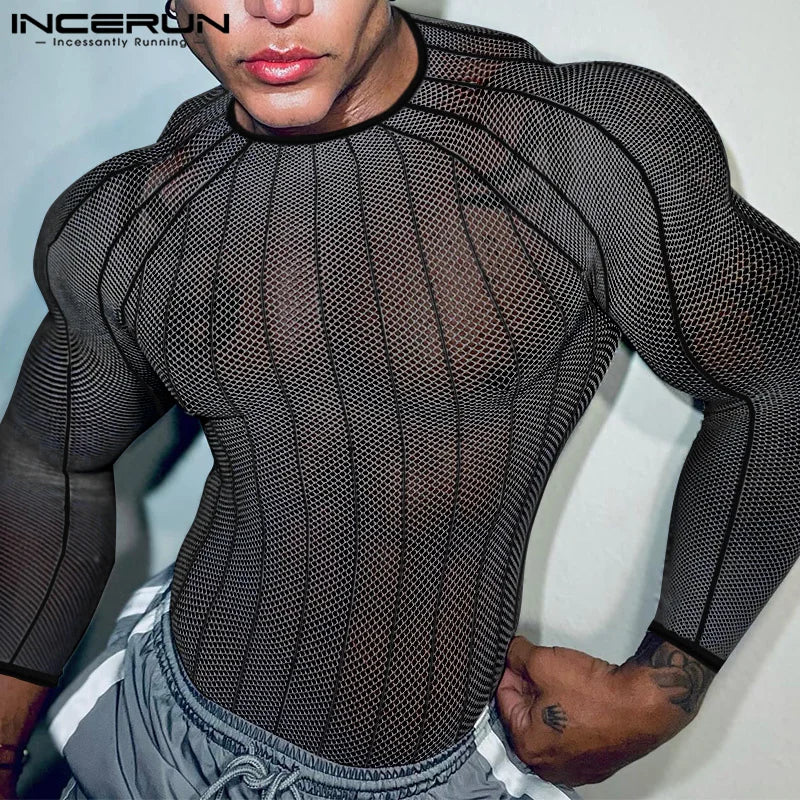 Party Nightclub Style Top: Men's See-through Thin Design T-shirts Sexy Leisure Male Hot Sale Long Sleeved Camiseta S-3XL
