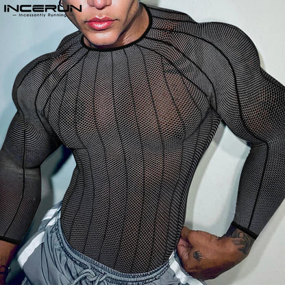 Party Nightclub Style Top: Men's See-through Thin Design T-shirts Sexy Leisure Male Hot Sale Long Sleeved Camiseta S-3XL