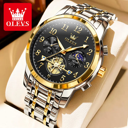 OLEVS brand2900 Men's Watches Stainless Steel Calendar Moon phase Watch Chronograph Big Dial Men's Wristwatches Original