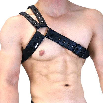 Men's Leather Tri Harness Chest Armor Buckles Adjustable Size Removable Pouch Faux Leather Jockstrap Gay Underwear  Costumes
