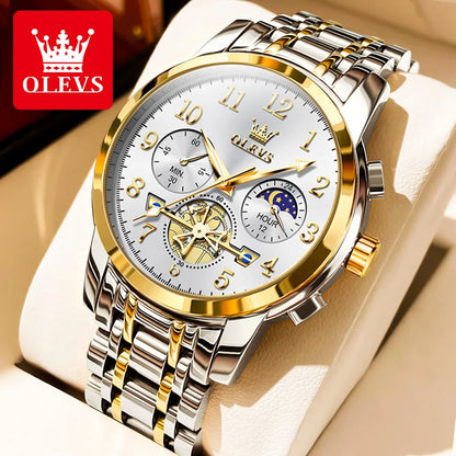 OLEVS brand2900 Men's Watches Stainless Steel Calendar Moon phase Watch Chronograph Big Dial Men's Wristwatches Original