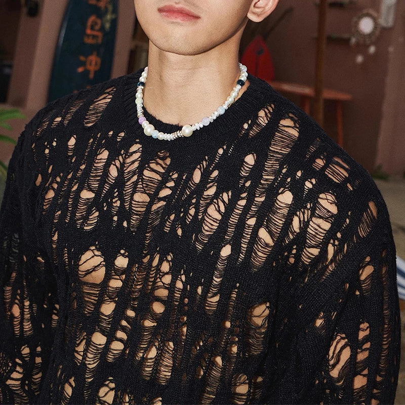 Sexy Hollow Out Mesh Knit T Shirts Men See Through Ripped Crew Neck Pullover Tops For Mens 2025 Spring Fashion Knitting T-shirt