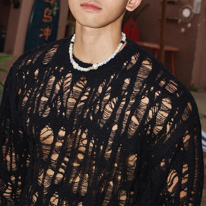 Sexy Hollow Out Mesh Knit T Shirts Men See Through Ripped Crew Neck Pullover Tops For Mens 2025 Spring Fashion Knitting T-shirt