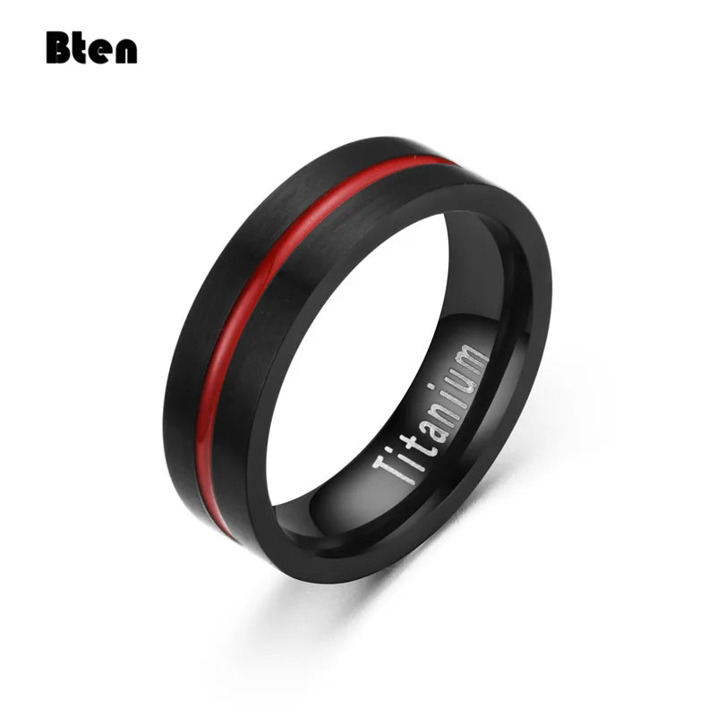 Bten Men's fashion 6/8MM Black Brushed Ladder Edge Stainless Steel Ring Red Groove Men Wedding Ring Gifts For Men
