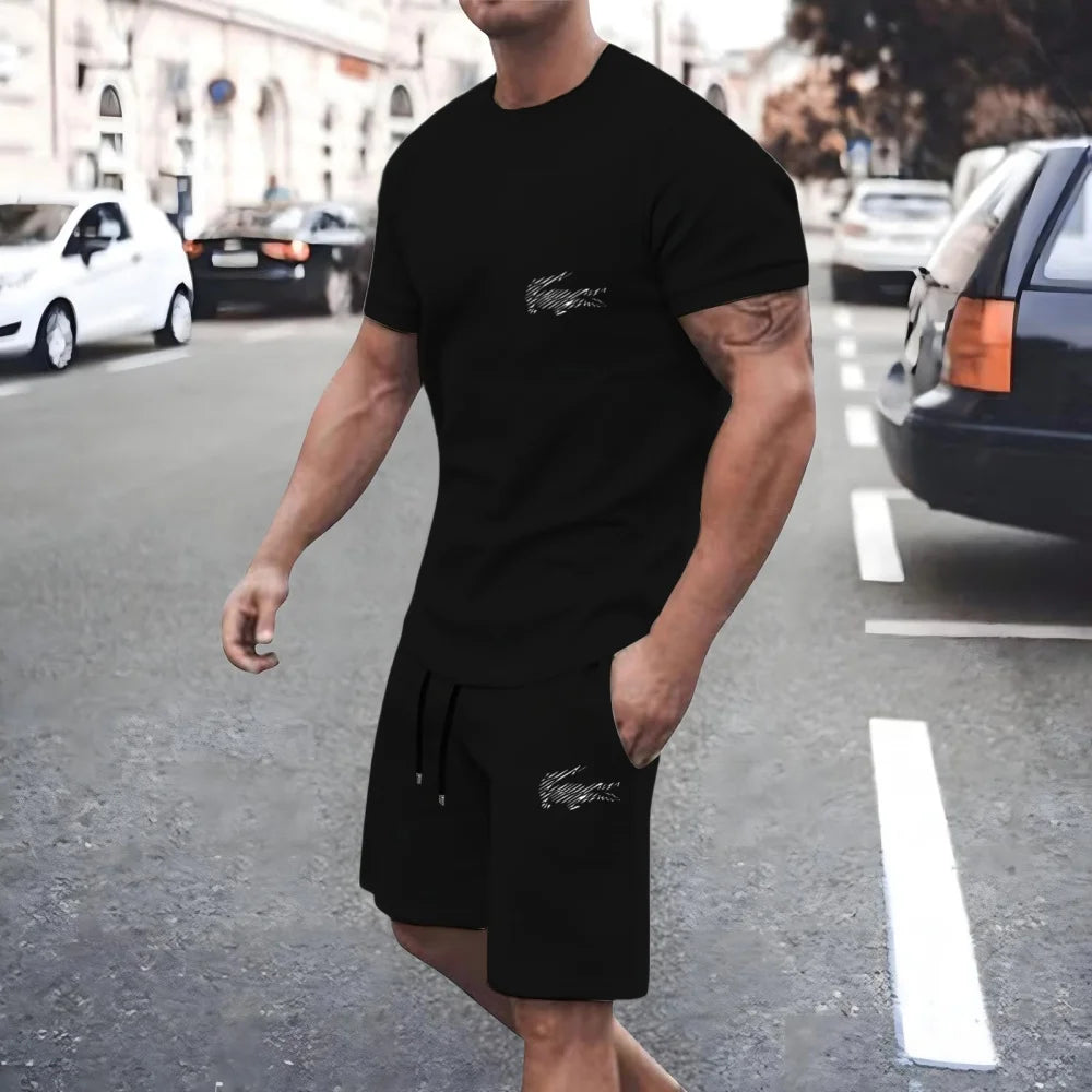 New summer men's two-piece fashion casual clothing round neck short-sleeved T-shirt and drawstring shorts sports T-shirt set