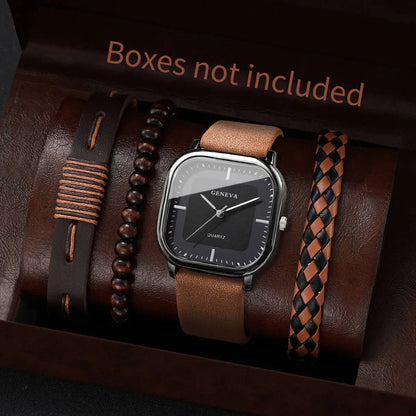 4/5PCS Fashion Square Men Watch Casual Leather Strap Quartz Watch Men Business Watches Bracelets Set Reloj Hombre（Without Box）