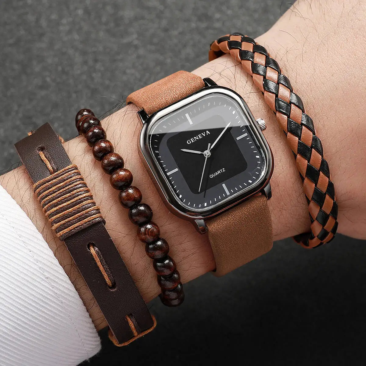 4/5PCS Fashion Square Men Watch Casual Leather Strap Quartz Watch Men Business Watches Bracelets Set Reloj Hombre（Without Box）