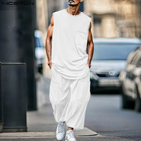 2025 Men Sets Solid Oversize O-neck Sleeveless Tank Tops & Pants Two Pieces Sets Streetwear Fashion Men's Suits Summer