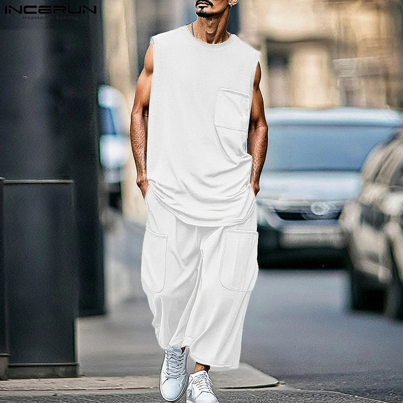 2025 Men Sets Solid Oversize O-neck Sleeveless Tank Tops & Pants Two Pieces Sets Streetwear Fashion Men's Suits Summer