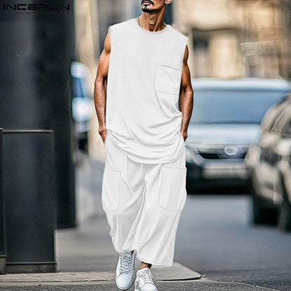 2025 Men Sets Solid Oversize O-neck Sleeveless Tank Tops & Pants Two Pieces Sets Streetwear Fashion Men's Suits Summer