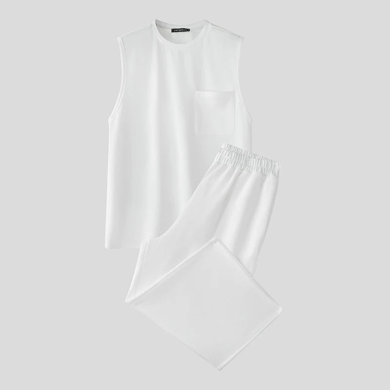 2025 Men Sets Solid Oversize O-neck Sleeveless Tank Tops & Pants Two Pieces Sets Streetwear Fashion Men's Suits Summer