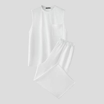 2025 Men Sets Solid Oversize O-neck Sleeveless Tank Tops & Pants Two Pieces Sets Streetwear Fashion Men's Suits Summer