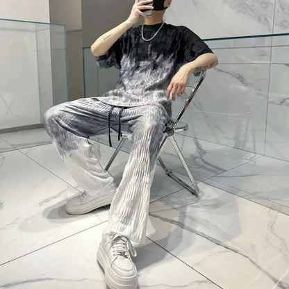 Print Workout Set T-shirts Pants Suits For Men Graphic Nylon Man Trousers Sets Slacks Two Piece Korean Style 2024 Trend S Cool