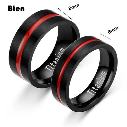 Bten Men's fashion 6/8MM Black Brushed Ladder Edge Stainless Steel Ring Red Groove Men Wedding Ring Gifts For Men