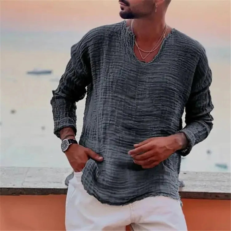 Men's Youth Linen Casual Loose V-neck Wash Water Worn Long-sleeved Shirt