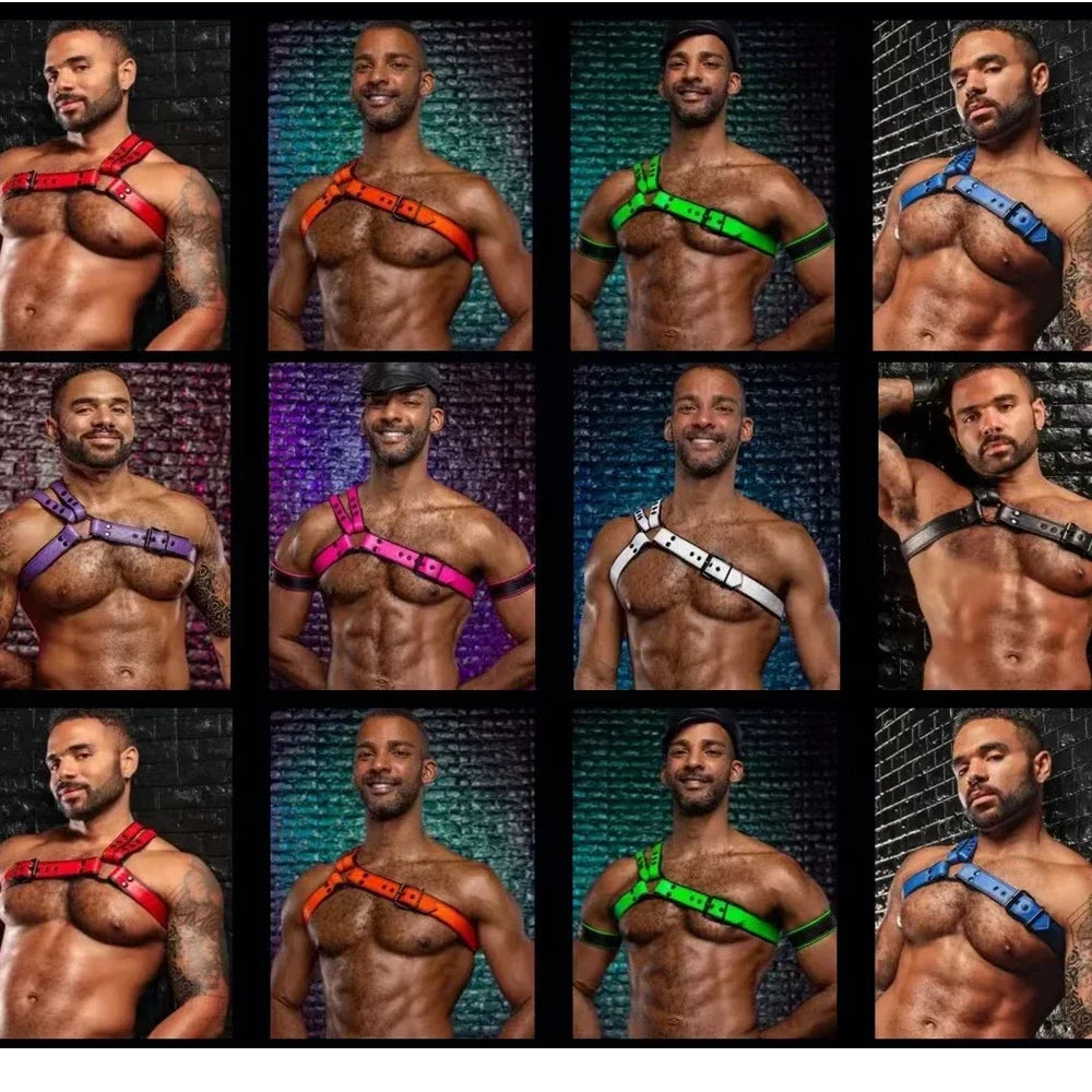 Men's Leather Tri Harness Chest Armor Buckles Adjustable Size Removable Pouch Faux Leather Jockstrap Gay Underwear  Costumes