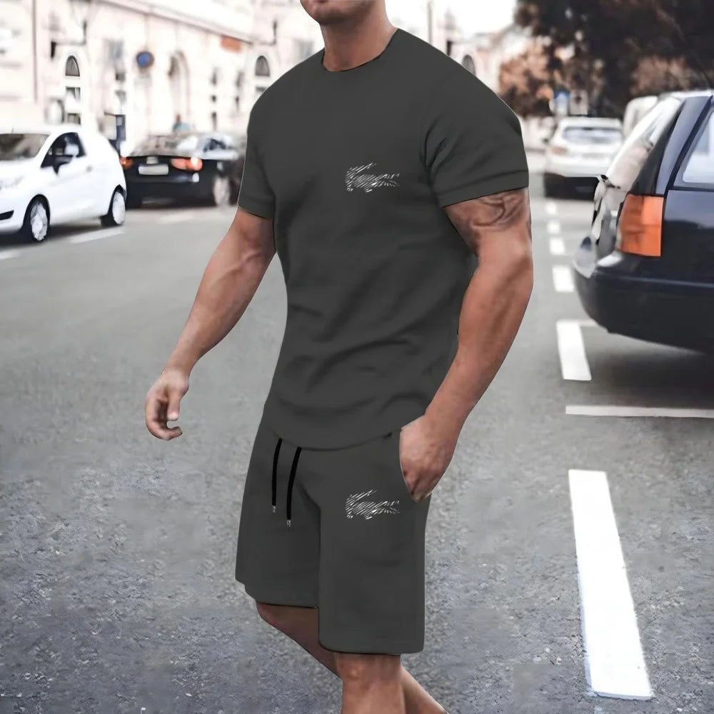 New summer men's two-piece fashion casual clothing round neck short-sleeved T-shirt and drawstring shorts sports T-shirt set