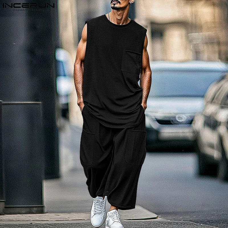 2025 Men Sets Solid Oversize O-neck Sleeveless Tank Tops & Pants Two Pieces Sets Streetwear Fashion Men's Suits Summer