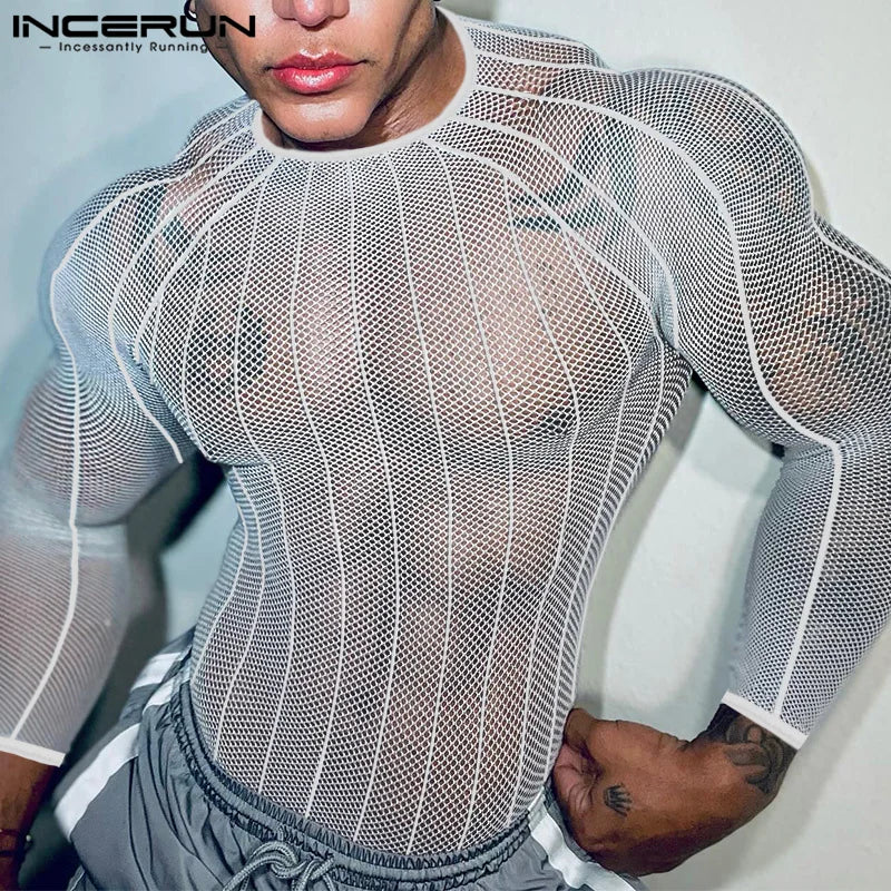 Party Nightclub Style Top: Men's See-through Thin Design T-shirts Sexy Leisure Male Hot Sale Long Sleeved Camiseta S-3XL