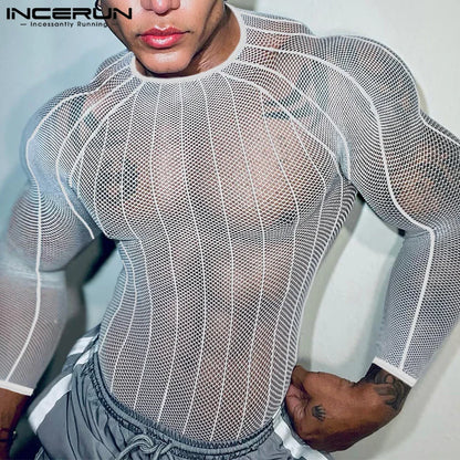 Party Nightclub Style Top: Men's See-through Thin Design T-shirts Sexy Leisure Male Hot Sale Long Sleeved Camiseta S-3XL