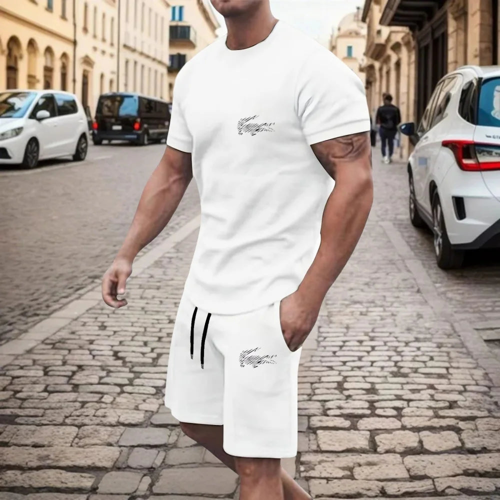 New summer men's two-piece fashion casual clothing round neck short-sleeved T-shirt and drawstring shorts sports T-shirt set