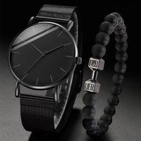 2PCS/Set Fashion Men's Black Mesh Band Quartz Watch With Beads Bracelet（Box not Included）