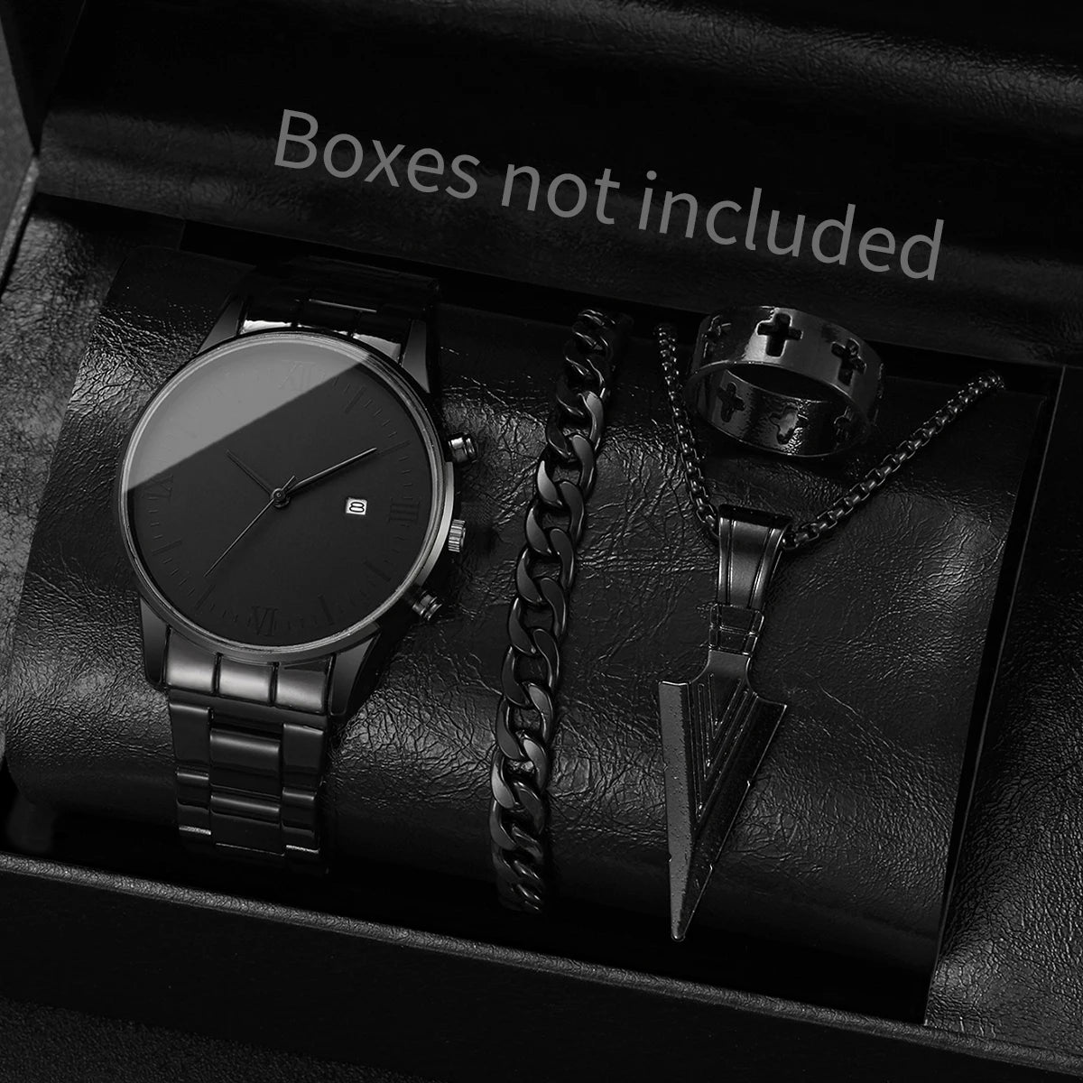 4PCS/Set Fashion Men Business Watches Simple Roma Dial Calendar Quartz Watch for Men Clock Jewelry Set Reloj Hombre（Without Box）