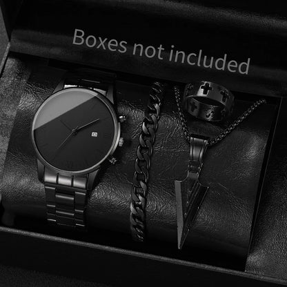 4PCS/Set Fashion Men Business Watches Simple Roma Dial Calendar Quartz Watch for Men Clock Jewelry Set Reloj Hombre（Without Box）