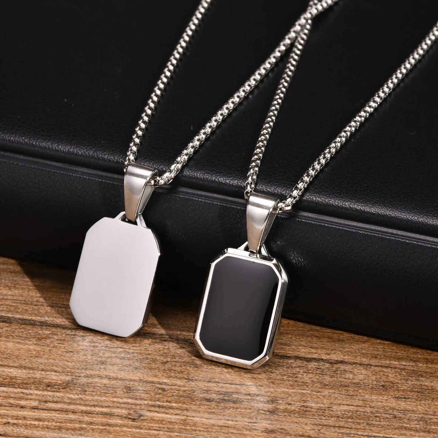 Stylish Geometric Necklaces for Men Boys,Waterproof Black Stainless Steel Square Rectangle Bar Pendant Collar Gifts for Him