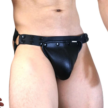 Men's Leather Tri Harness Chest Armor Buckles Adjustable Size Removable Pouch Faux Leather Jockstrap Gay Underwear  Costumes