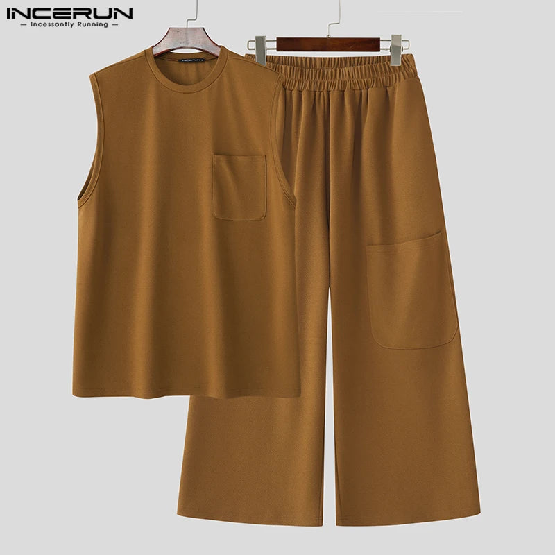 2025 Men Sets Solid Oversize O-neck Sleeveless Tank Tops & Pants Two Pieces Sets Streetwear Fashion Men's Suits Summer