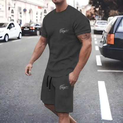 New summer men's two-piece fashion casual clothing round neck short-sleeved T-shirt and drawstring shorts sports T-shirt set