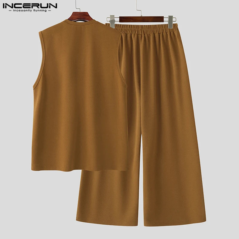 2025 Men Sets Solid Oversize O-neck Sleeveless Tank Tops & Pants Two Pieces Sets Streetwear Fashion Men's Suits Summer